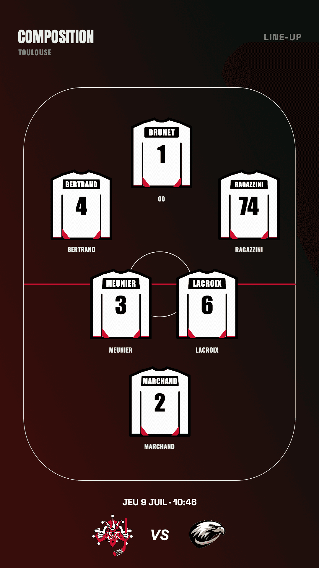 Composition d'une équipe de hockey disposée sur la patinoire, au format story 9:16, créée avec Timline
