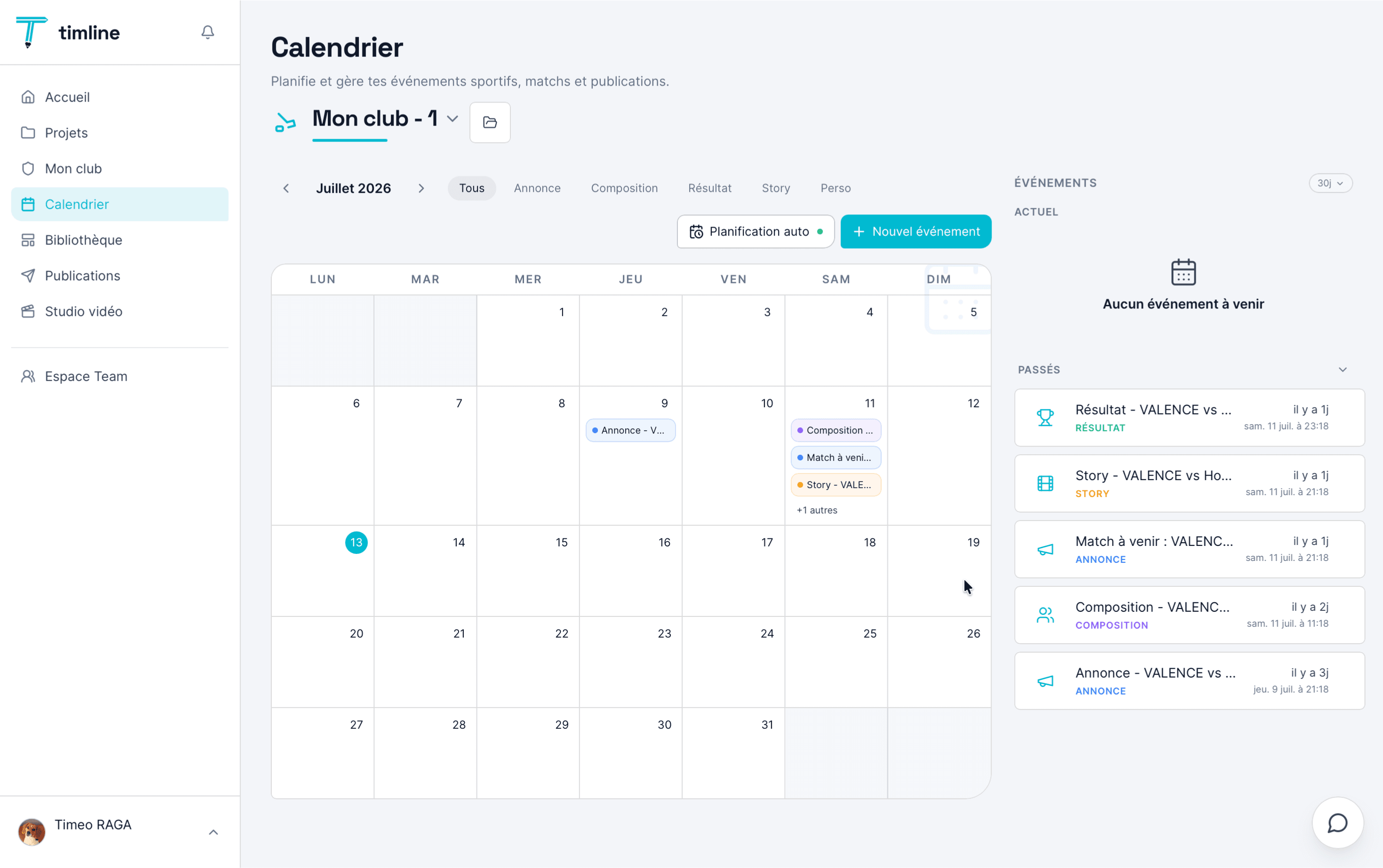 Calendrier éditorial Timline : planification des posts match sur les réseaux sociaux