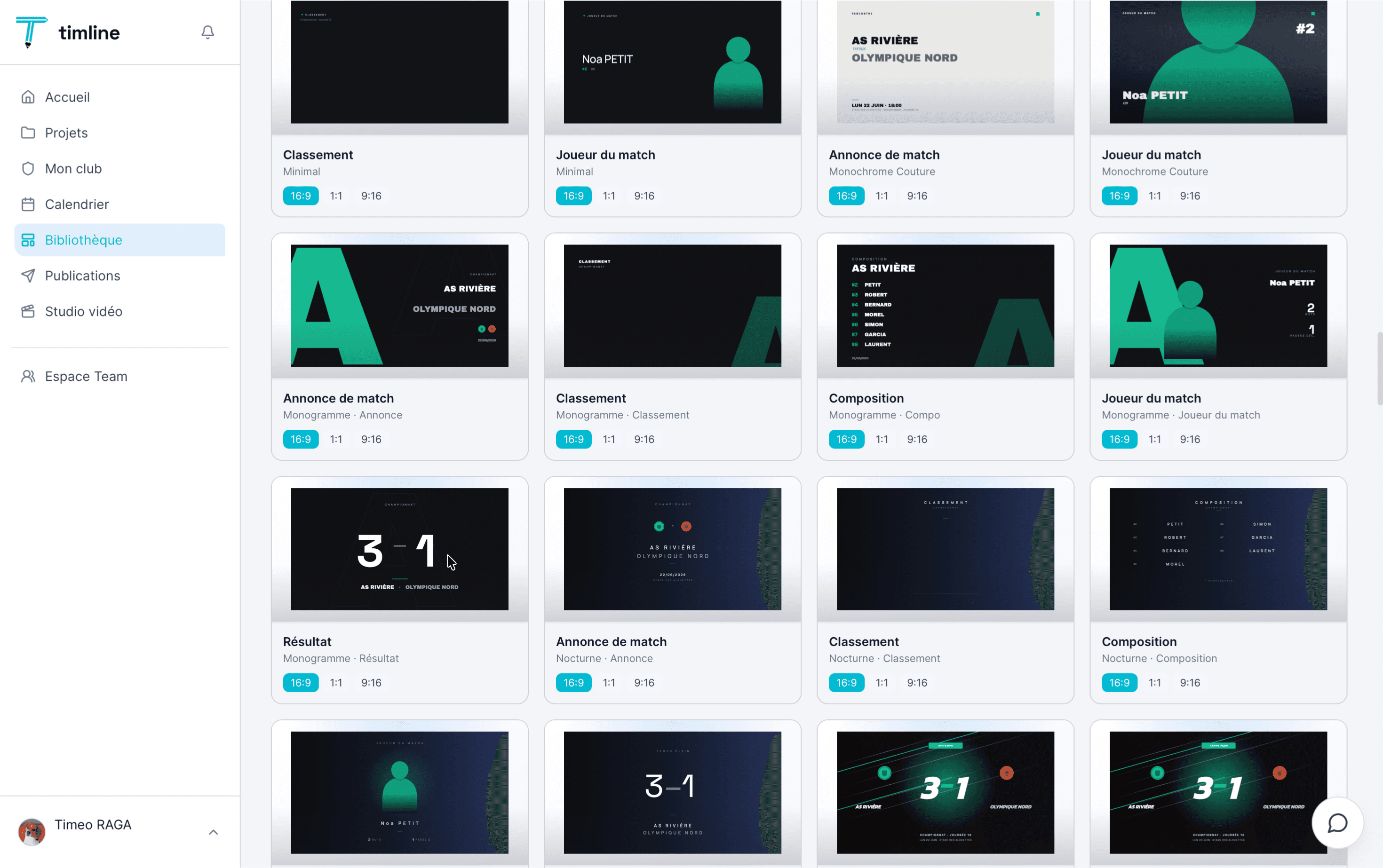 Studio Timline : bibliothèque de templates sportifs (football, basket, rugby, handball)